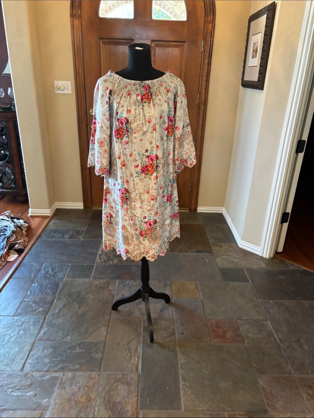 Uncle Frank Floral Midi Dress in Cream with Pink & Red Roses
